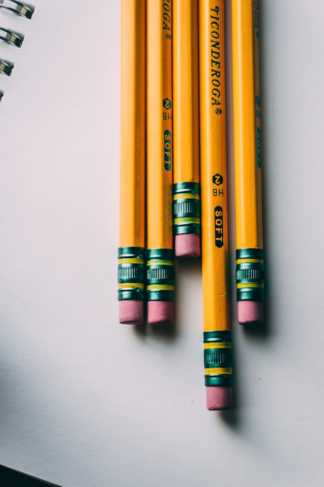A close-up of five pencils on a page in a notebook. 