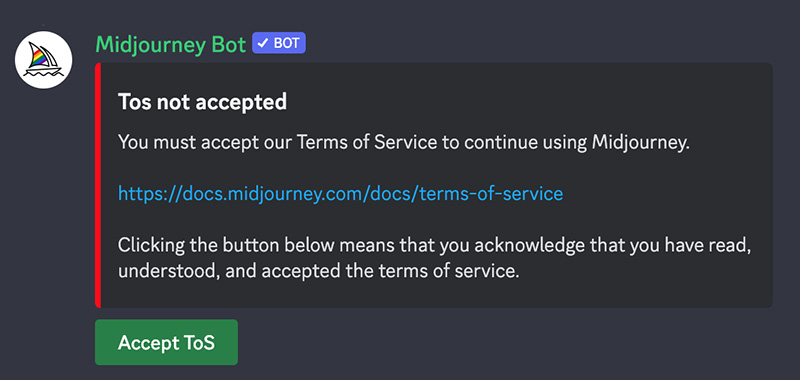 Page Flows screenshot of Midjourney’s ToS disclaimer on Discord. 
