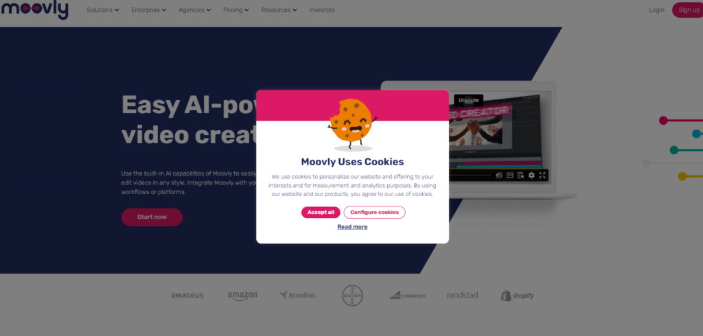 Page Flows screenshot of Moovly’s colorful, animated cookie banner. 
