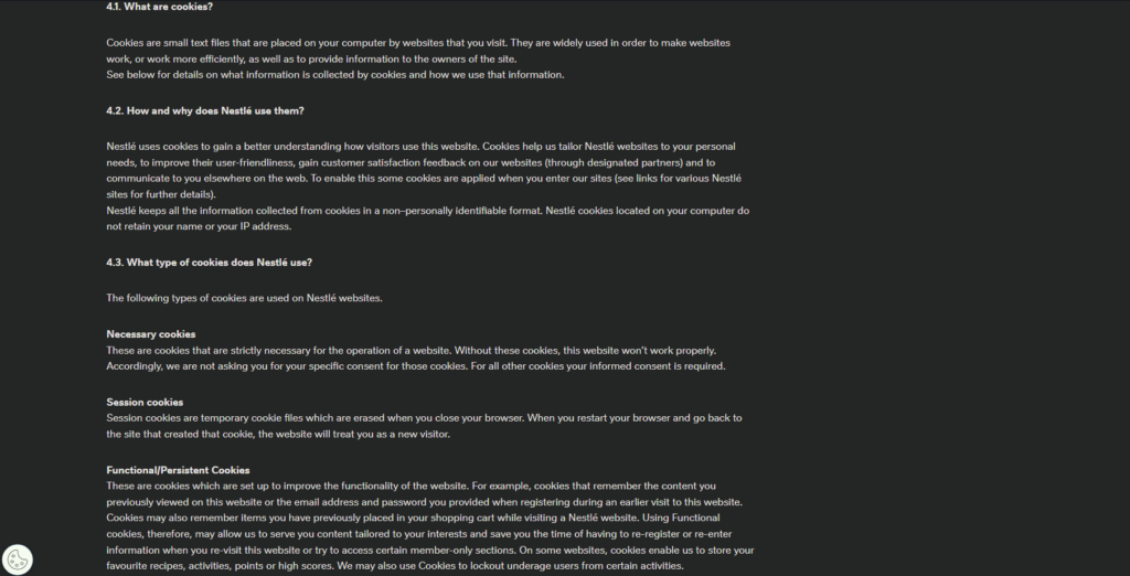 Page Flows screenshot of Nestlé’s cookie-related privacy notice. 