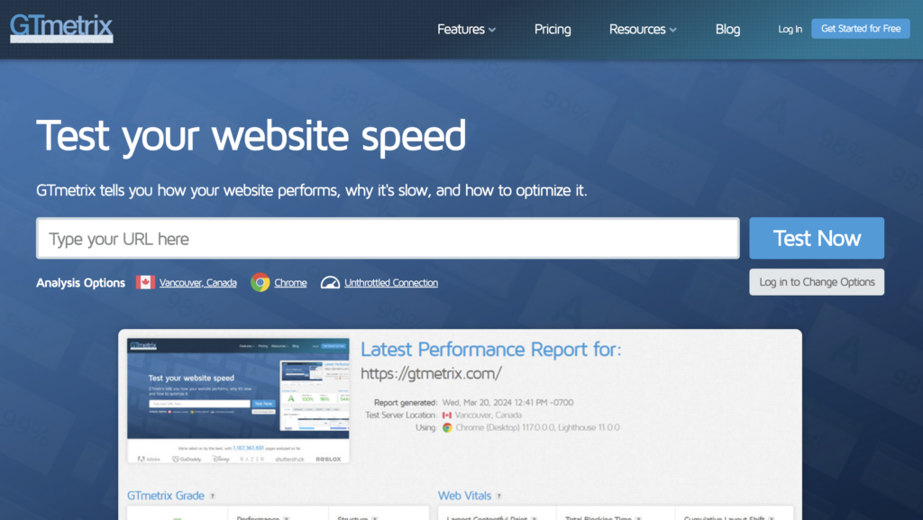 Page Flows’ screenshot of the GTmetrix home page.