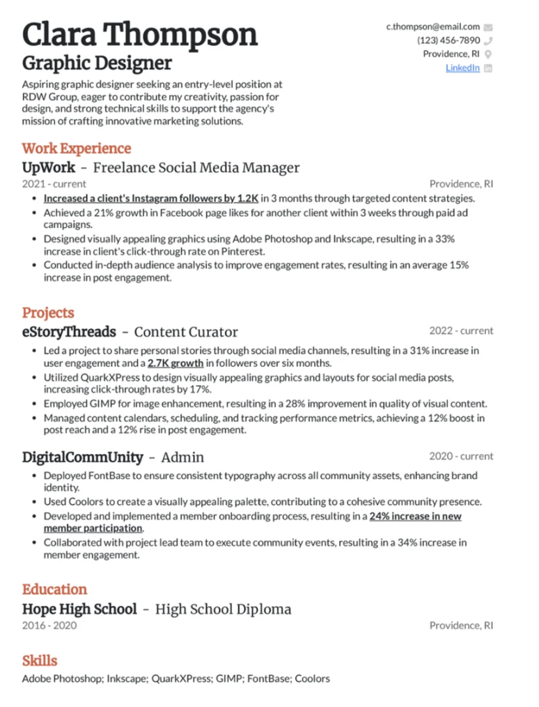 Page Flows’ screenshot from Beamjobs.com of Clara Thompson’s graphic design resume.