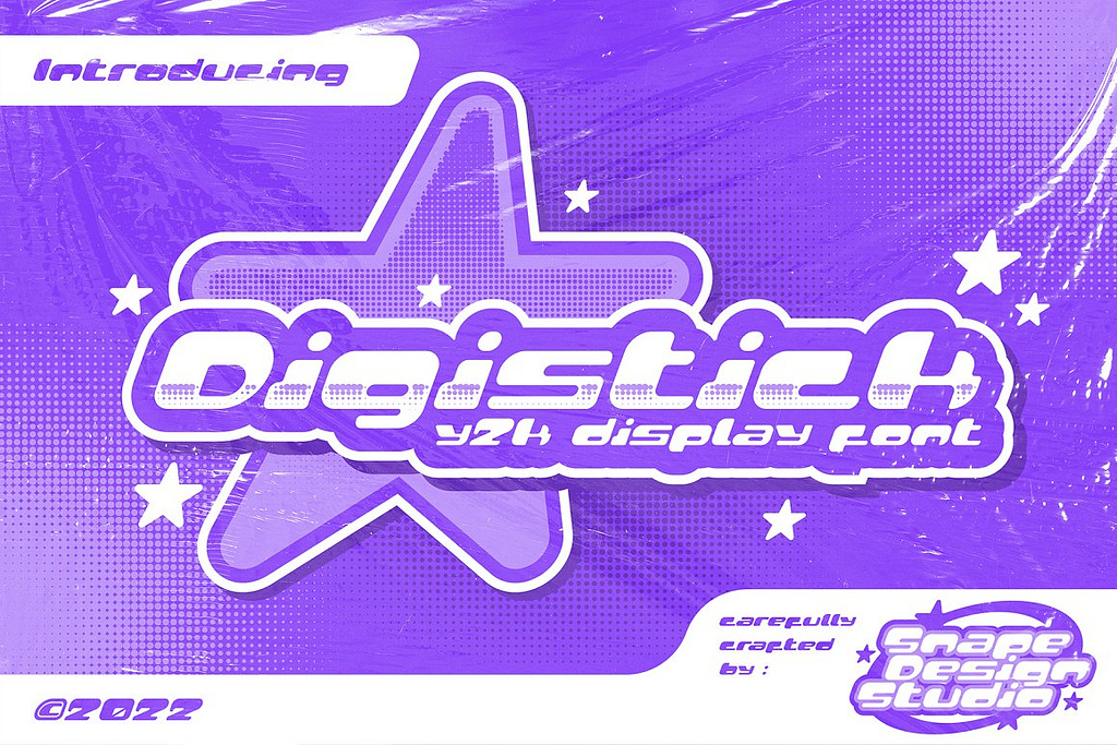 Page Flows screenshot from Dribble of an example of a Y2K-esque, bright purple font with halftone dots.