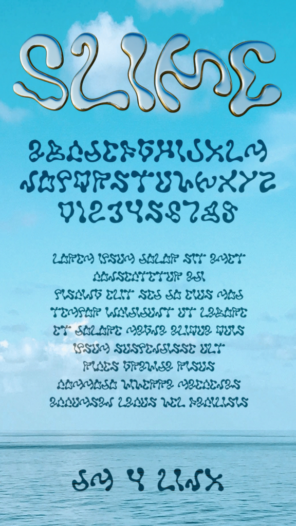 Page Flows screenshot from Printmaf of an example of a Y2K-inspired alphabet with liquified, blue letters.