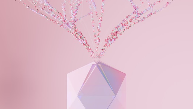 An artist’s drawing of AI, with a pink structure with colorful bubbles streaming out.