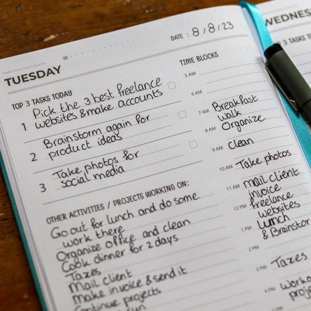A work diary showing a list of tasks and activities with time blocks.
