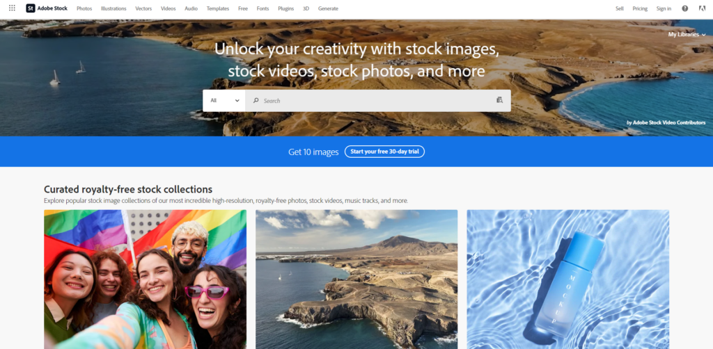 A Page Flows screenshot of Adobe Stock’s homepage. 
