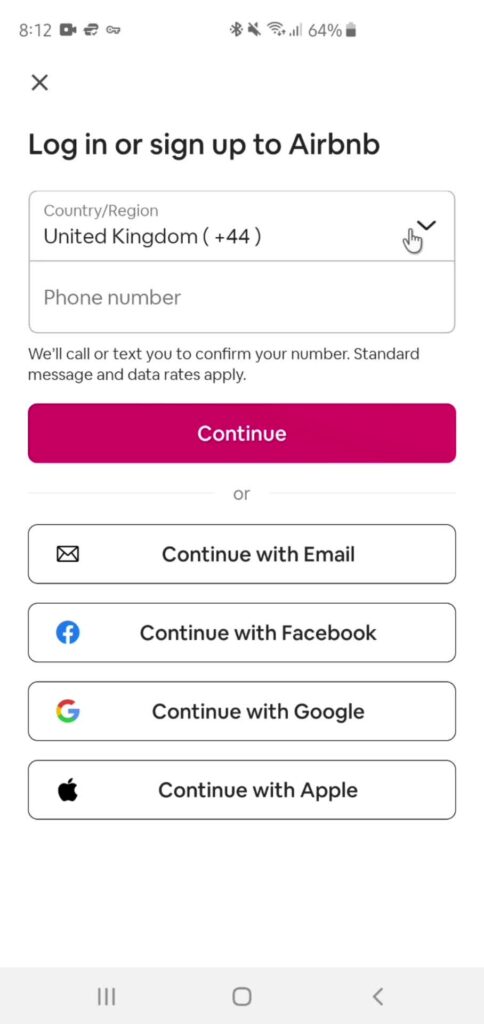 A screenshot from Page Flows of an onboarding sign-up screen from Airbnb’s Android app.