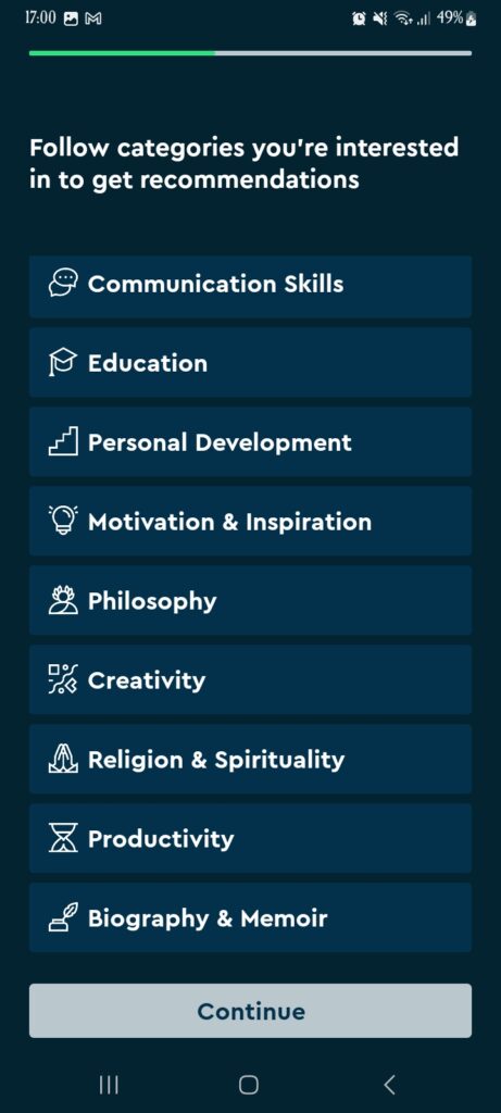 A screenshot of one of the onboarding screens from the Blinkist mobile app containing a series of categories.