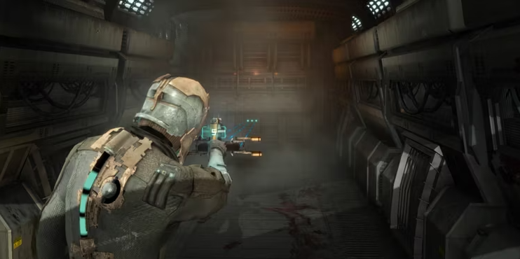 A Page Flows screenshot from CBR of Dead Space in which you can see HUD elements like health and stasis bars in Isaac’s suit. 
