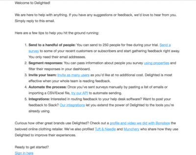 A Page Flows screenshot from Dyspatch of an example of an overwhelming onboarding email from Delighted.