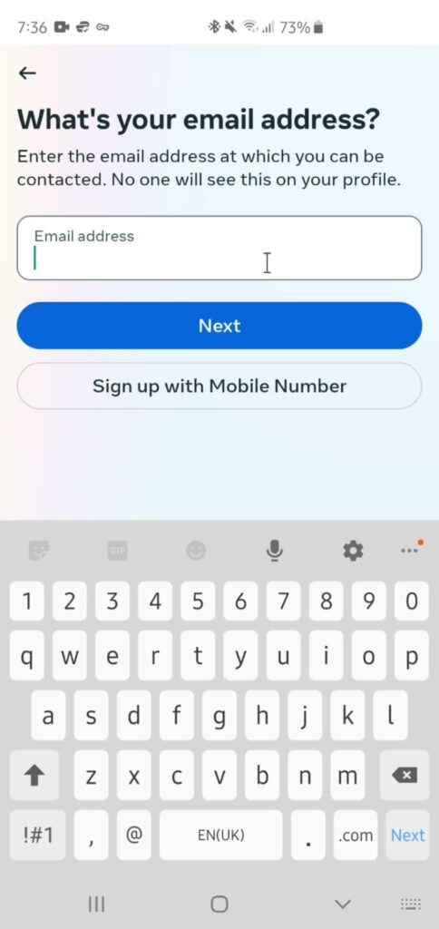 A screenshot from Page Flows of an onboarding screen relating to the user’s email address from Instagram’s Android app.