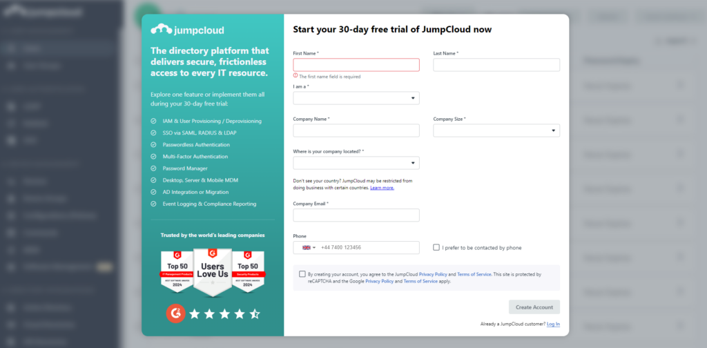 A Page Flows screenshot from JumpCloud of a sign-up form containing a lot of information.