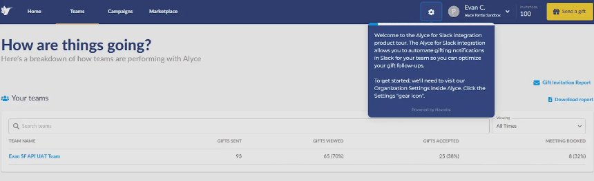 A Page Flows screenshot from Navattic that depicts an interactive product tour from corporate gifting platform, Alyce.