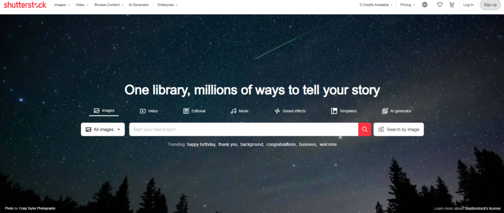 A Page Flows screenshot of Shutterstock’s homepage. 
