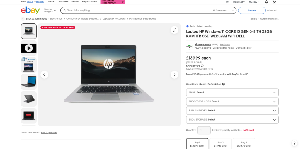 A Page Flows screenshot from eBay of a visually overwhelming product page for a laptop. 