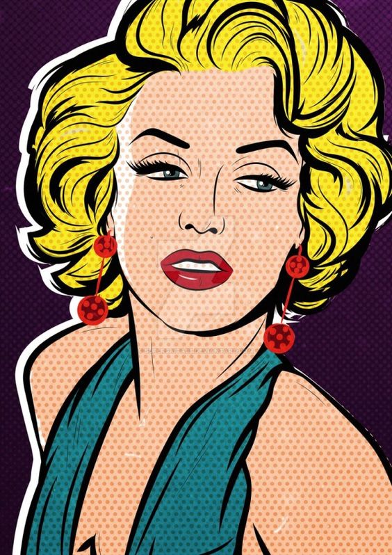 A Page Flows screenshot from Pinterest of a bright, bold illustration of Marilyn Monroe in the Pop Art style.