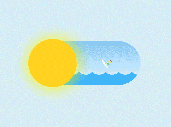 A Page Flows screenshot from BlueCompass of a toggle switch that displays an animation of a person surfing in the sunshine. 
