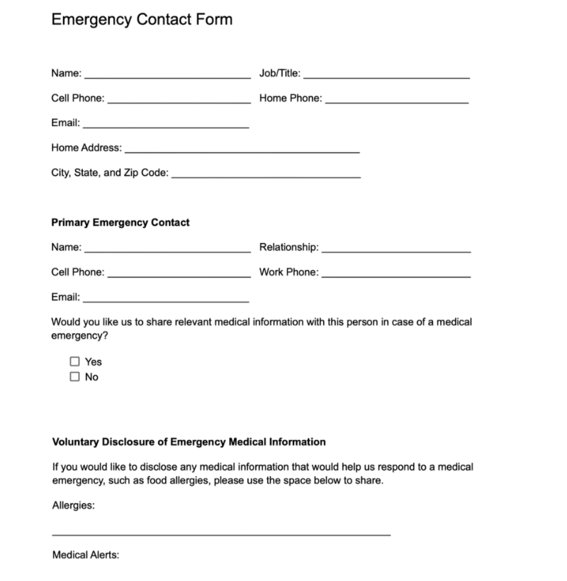 A Page Flows screenshot from Eddy.com of an emergency contact form template.