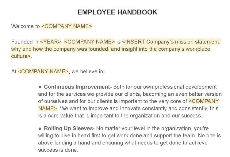 A Page Flows screenshot from Fit Small Business of an employee handbook that discusses a company’s values.