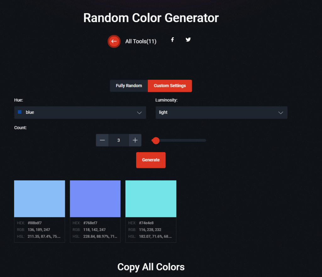 A Page Flows screenshot of Color Designer’s random color generator. 