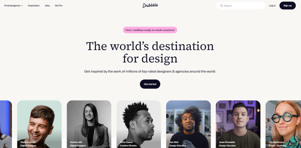 A Page Flows screenshot of Dribbble’s homepage. 
