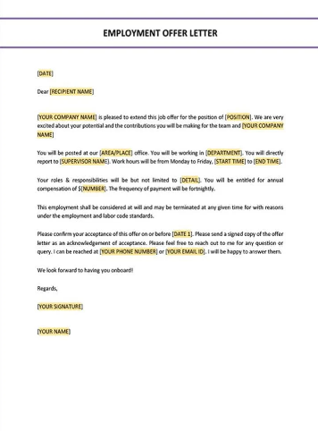 A Page Flows screenshot from Template.net of an employment offer letter template.