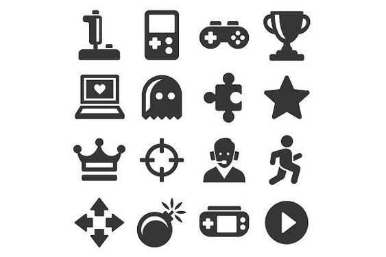 A Page Flows screenshot from Pinterest of a group of small black icons that relate to gaming.
