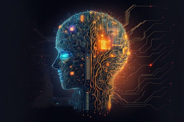 A colorful illustration of an AI-powered robot comprising wires and computer chips. 

