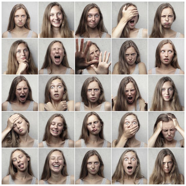 A series of photos of the same woman expressing a variety of emotions.