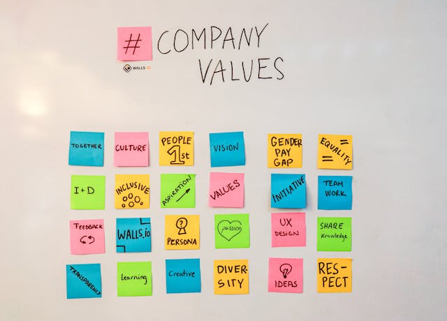 A whiteboard containing a series of colorful sticky notes underneath a title that reads “Company Values.” 