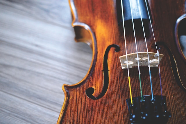 A close-up of a brown and black violin on a wooden surface.