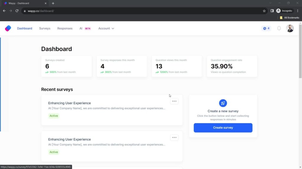 A Page Flows screenshot of the Wayyy dashboard with a top banner and elements like a “Create survey” button.

