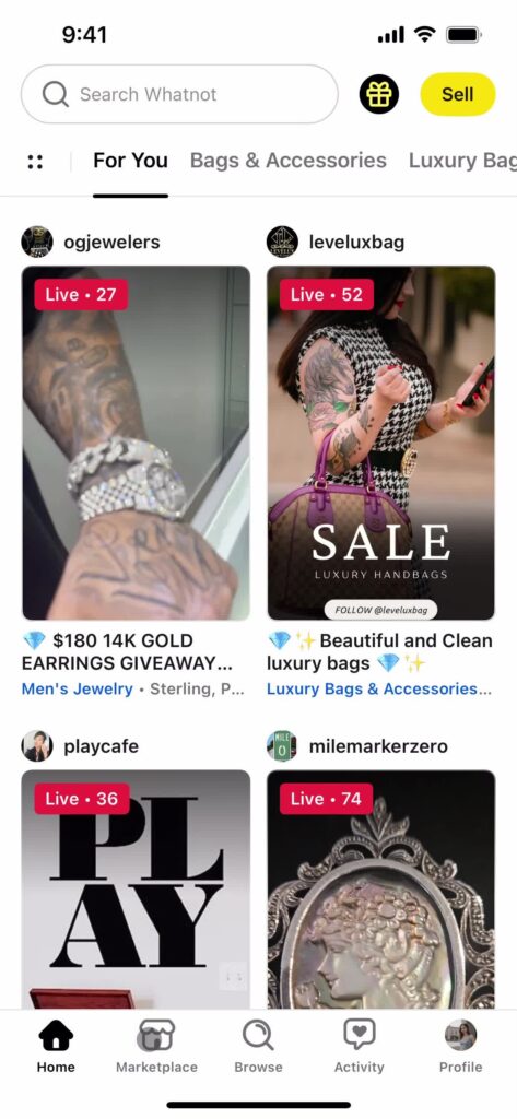 A Page Flows screenshot of the e-commerce Whatnot app, with luxury jewellery items available.
