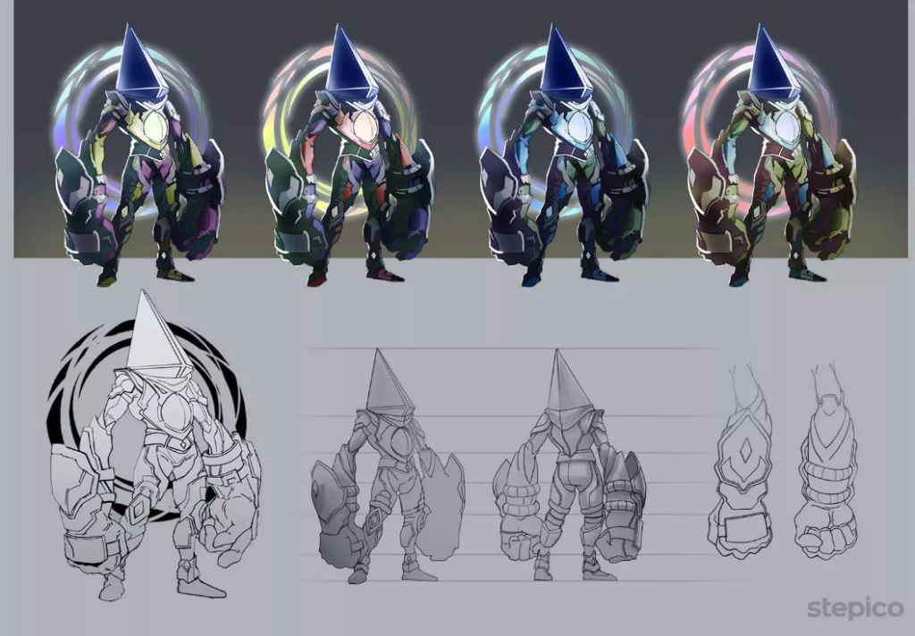 A Page Flows screenshot of character concept art iterations from Stepico. 
