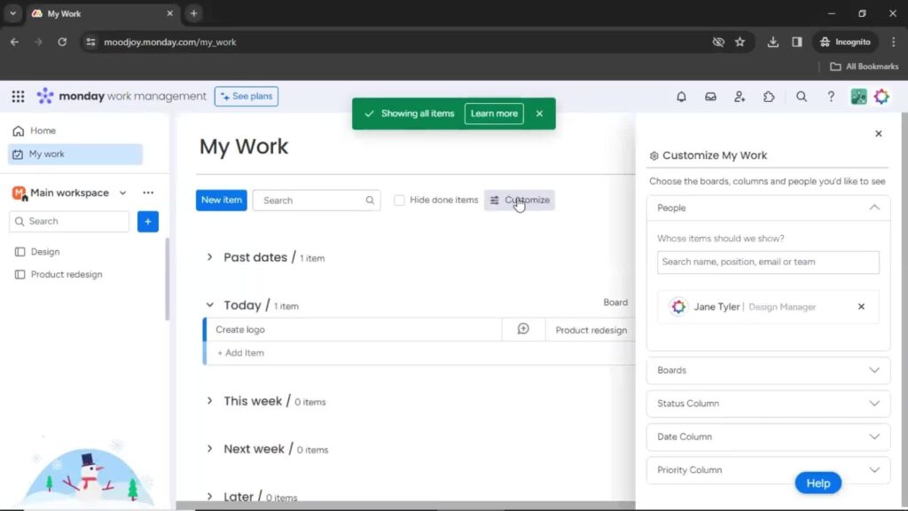 Page Flows screenshot of customizing My work on Monday.
