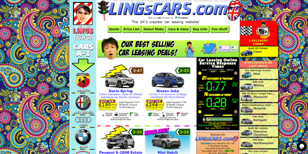 A Page Flows screenshot of a bright, overwhelming homepage from Ling’s Cars. 
