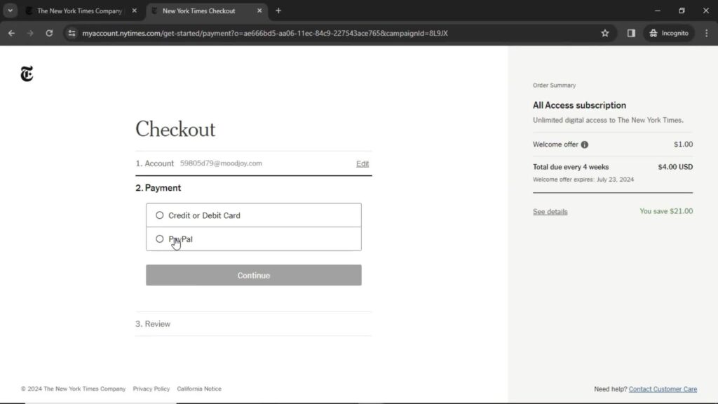 Page Flows screenshot of New York Times’ checkout page.
