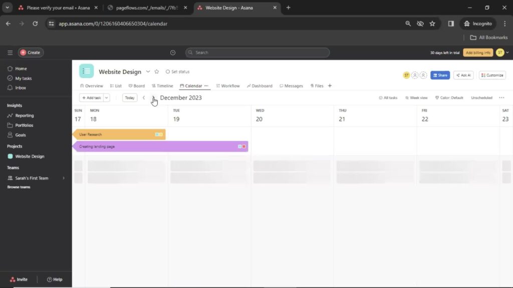Page Flows' screenshot of Asana’s calendar view.