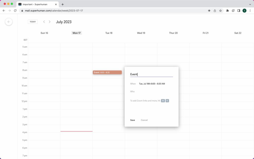 Page Flows' screenshot of Superhuman’s calendar view.