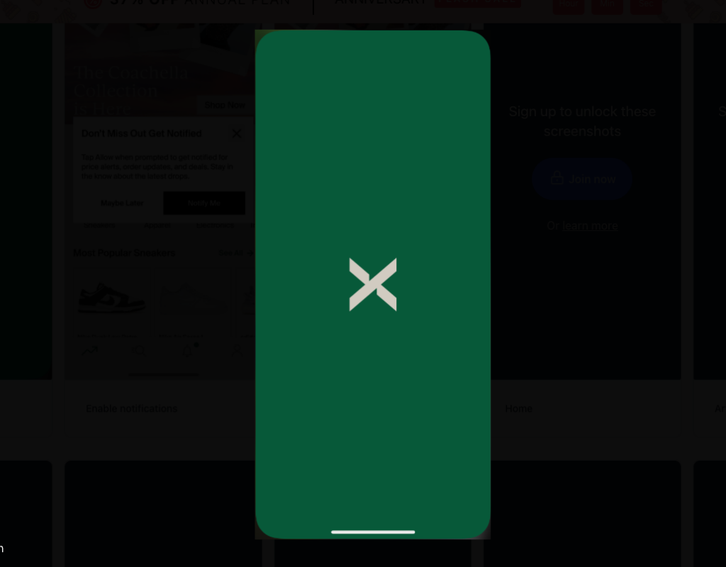 A Page Flows screenshot of a minimalist app interface design for the stockx application.