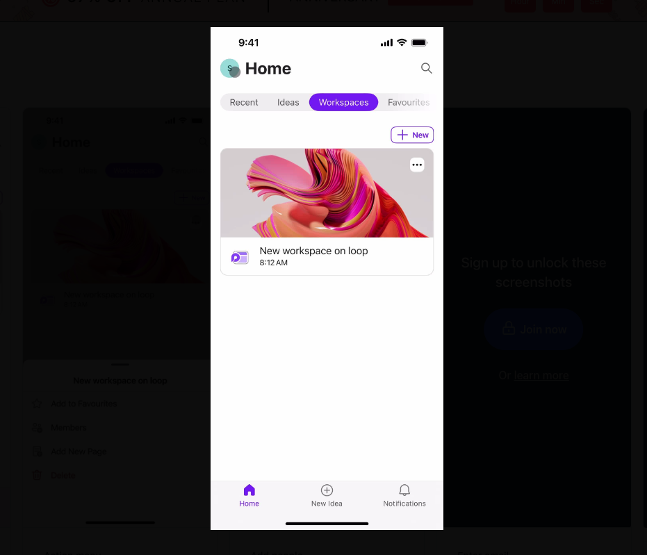 A Page Flows screenshot of the Microsoft Loop app interface, showing the home screen of the app.