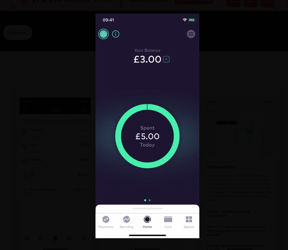 A Page Flows screenshot of the Starling app interface, showing interactive icons users can use to navigate the app.
