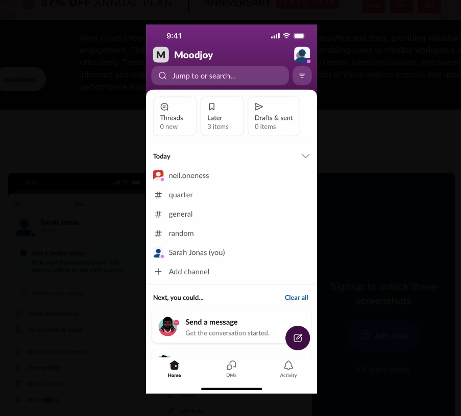A Page Flows screenshot of the Slack app interface, showing the home screen, a message icon, and several others.