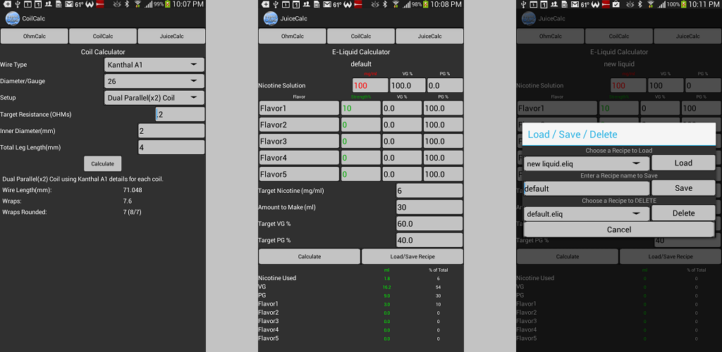 A Page Flows screenshot of the VaporCalc app’s user interfaces from Amazon. 