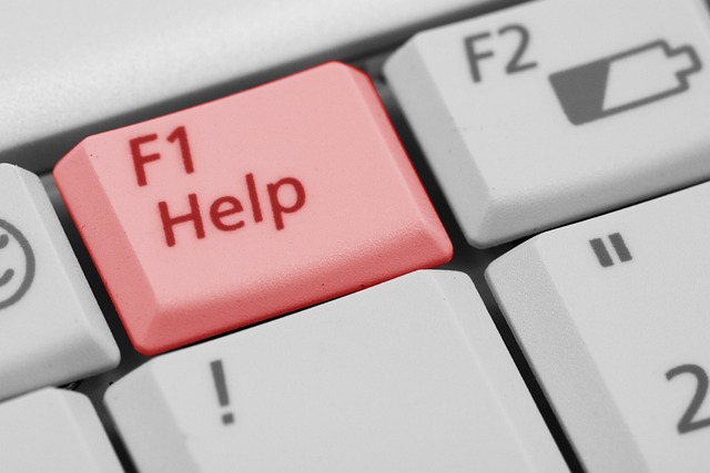 A close-up of a white computer keyboard displaying a red key that reads the phrase, “F1 Help.” 
