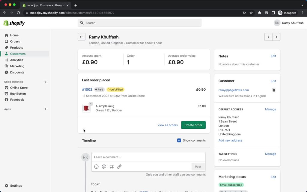 Page Flows screenshot of customer details on Shopify. 
