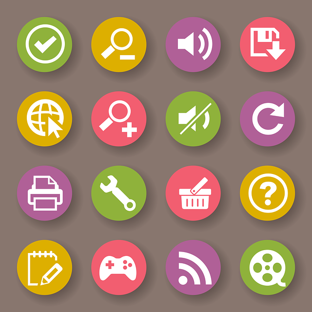 An illustration of a group of differently colored icons against a grey background. 
