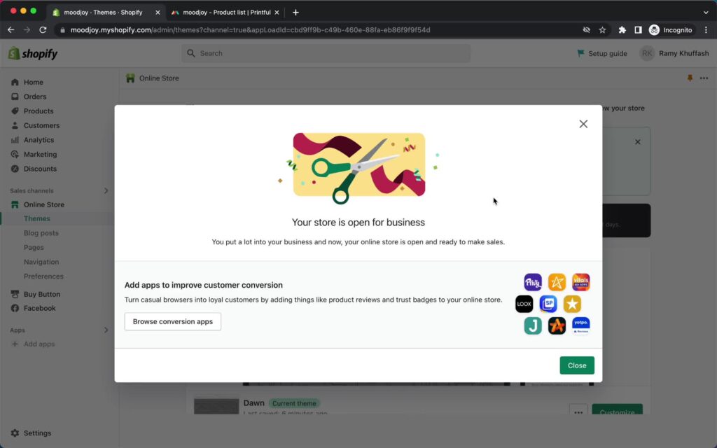 Page Flows screenshot of a store being published on Shopify. 