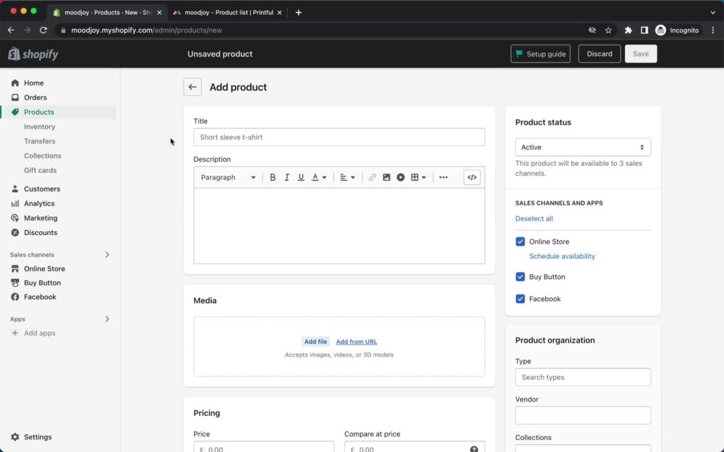 Page Flows screenshot of creating a product on Shopify. 

